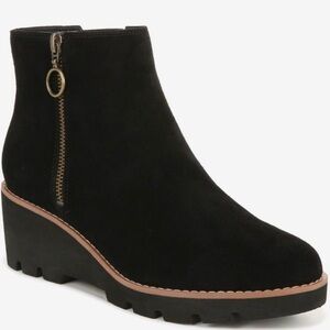 Vionic Black Suede Wedge Ankle Boots with Gold Zip Accent